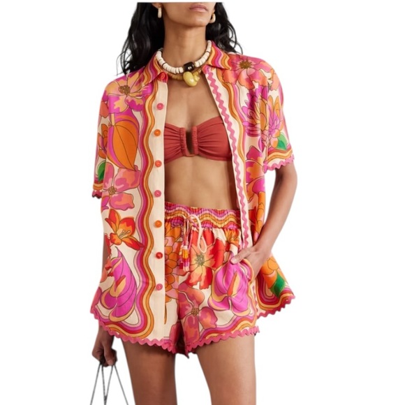 FARM Rio Spring Affair Floral Linen Button Top Ric Rac Applique M Oversize EUC - Picture 4 of 6